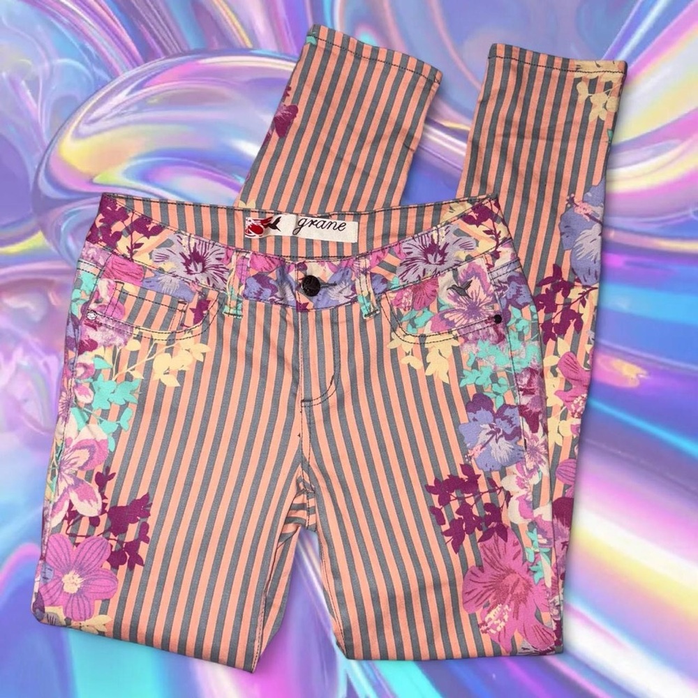 vtg y2k grane 98% cotton tumblr striped floral low rise skinny jeans, sz 9